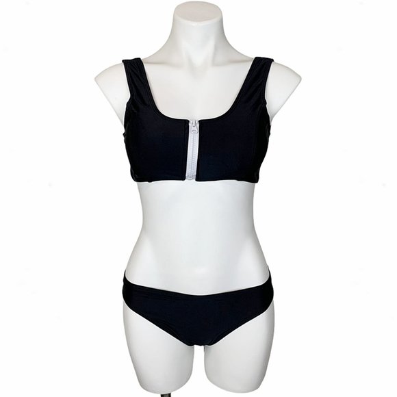 Black & White Scoop Neck Zip-Front Crop Top Bikini - Picture 10 of 16